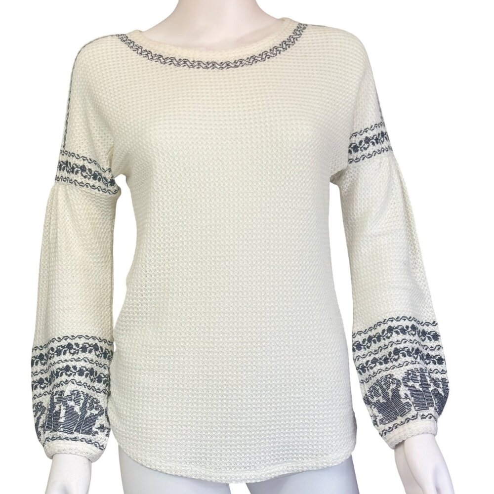 Sundance Top Womens XS White Waffle Knit Embroidered Boho Long Sleeve Pullover